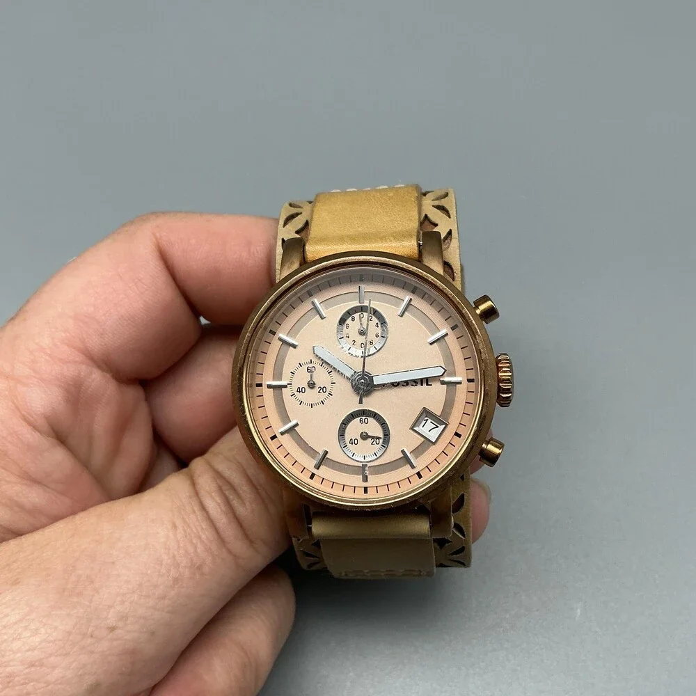 Fossil Womens Watch 38mm Rose Gold Tone Leather Chronograph Date New Battery